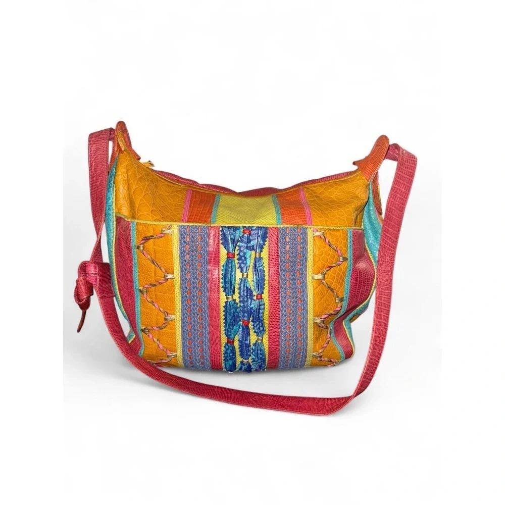 Vintage Sharif 80s 90s Multicolor Patchwork Leather Shoulder Bag Made in USA